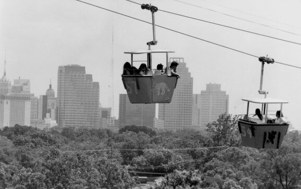 An old black and white photo of the original San Antonio Skyride.